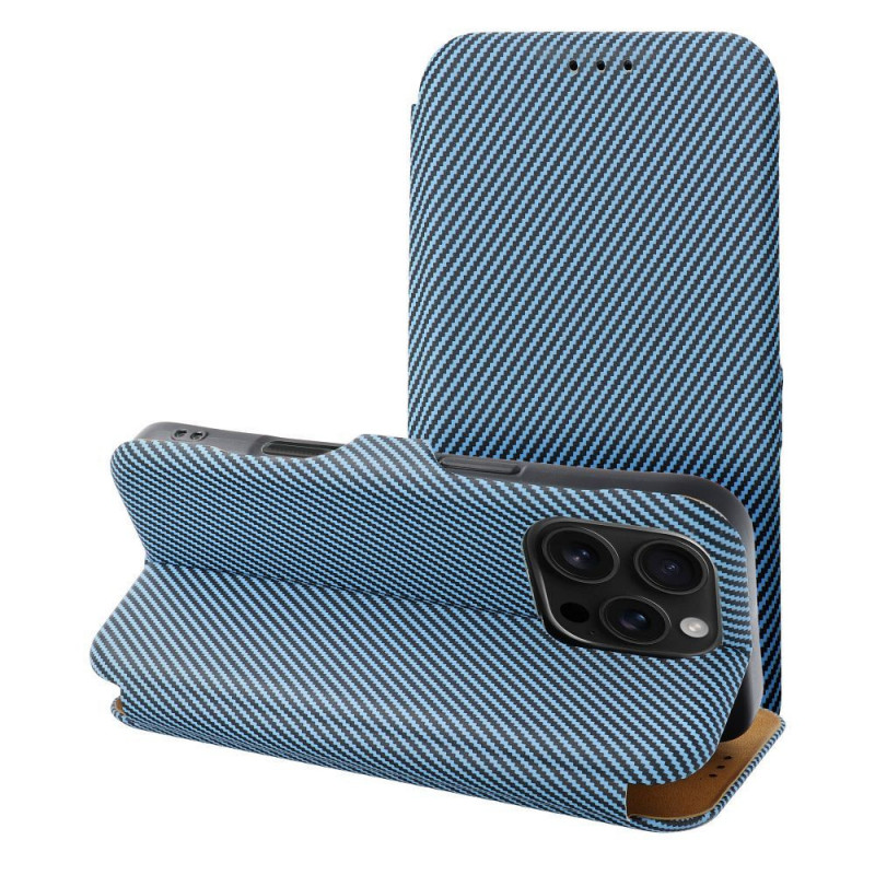 Apple iPhone 16 Pro Max Portefeuilles FOLIO Side Magnet Élégant, Modèle de carbone  Bleu